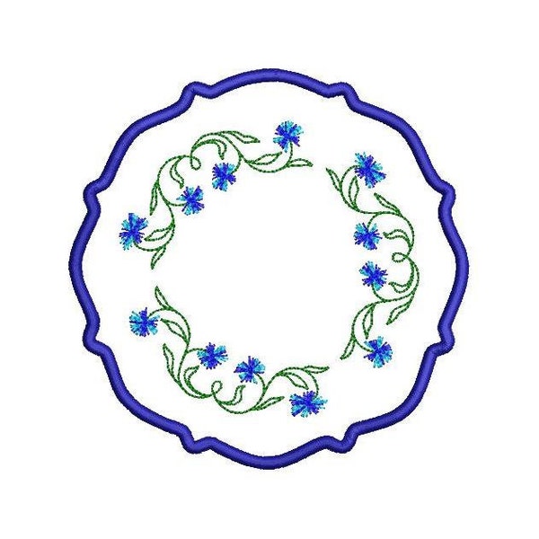 Scallop Border Doily ITH Machine Embroidery Design 3 SIZES, ITH Floral Round Table Placemat with Blue Cornflowers for Machine Embroidery.