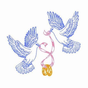 Motif de broderie Machine mariage colombes 7 tailles, tourtereaux avec fichier de broderie numérique anneaux, motif de broderie de mariage oiseaux amoureux.
