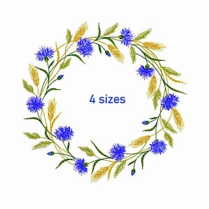 Puede incluir: Diseño de corona bordada con aciano azul y espigas de trigo amarillas. El diseño está disponible en cuatro tamaños.