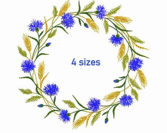 Flower Frame Machine Embroidery Design 4 SIZES, Monogram Frame Digital Embroidery, Blue Cornflowers Wreath Machine Embroidery Design.