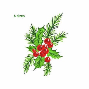 May include: Embroidered design of a holly sprig with red berries and green leaves. The design is available in six sizes.