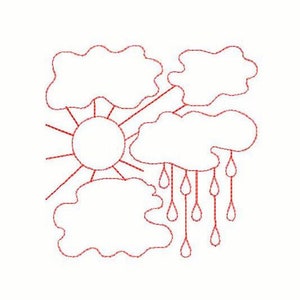 May include: A simple line drawing of a sun with rays, clouds, and raindrops. The drawing is in red.