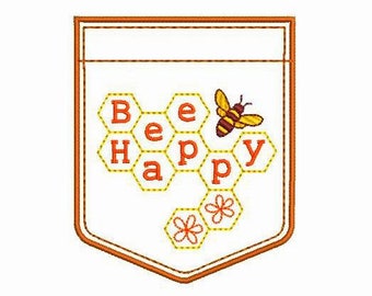 Fake Pocket Machine Embroidery Design 4 SIZES, Bee Happy Chest Pocket Digital Embroidery File, Mini Bee Faux Pocket Machine Embroidery File.