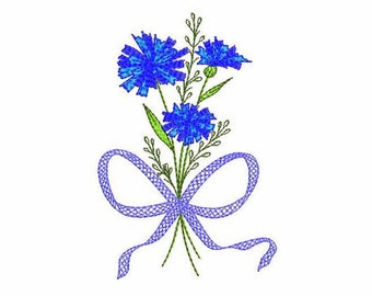 May include: A bouquet of blue cornflowers tied with a purple ribbon.