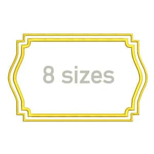 May include: A gold double-lined frame with a scalloped edge. The text "8 sizes" is in the centre of the frame.