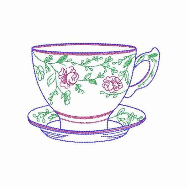 Tea Cup Machine Embroidery Design, Sketch Machine Embroidery Mug, Art Embroidery Floral Tea Cup, Easy Stitch, Instant Download Design.