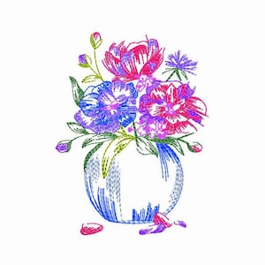 Vase with Flowers Machine Embroidery Design 6 SIZES, Bouquet of Flowers Digital Embroidery, Flower Bouquet in Vase Machine Embroidery Design