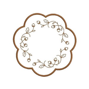 May include: A brown, scalloped frame with a wreath of acorns and leaves around the edge.