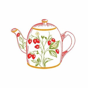 Teapot Machine Embroidery Design 4 SIZES, Digital Machine Embroidery Tea Kettle, Berry Teapot with Strawberries Machine Embroidery Design.