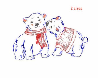 Christmas Bears Machine Embroidery Design 2 SIZES, Polar Bears Digital Embroidery File, Cute Bears Machine Embroidery File, Bears Embroidery