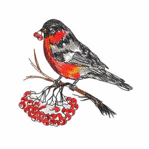 Bullfinch on Rowan Machine Embroidery Design 4 SIZES, Digital Machine Embroidery Red Bullfinch on Rowan Branch, Winter Bullfinch Embroidery.