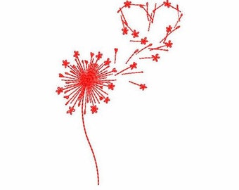 Dandelion & Heart Machine Embroidery Design - 4 SIZES, Fluffy Dandelion Yellow Flower, Valentine Love Floral Motif, Instant Download Design.