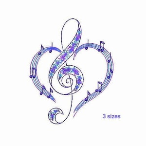 Treble Clef Machine Embroidery Design 3 SIZES, Lavender Heart Digital Embroidery File, Music Notes Treble Clef Digital Embroidery File.