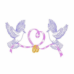 Wedding Doves Machine Embroidery Design 6 SIZES, Wedding Pigeons with Rings Digital Embroidery File, Lovebirds Sweethearts Birds Embroidery