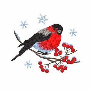 Pu&ograve; includere: Ricamo di un pettirosso con il petto rosso appollaiato su un ramo con bacche rosse e fiocchi di neve. L'uccello ha ali nere e una testa grigia.