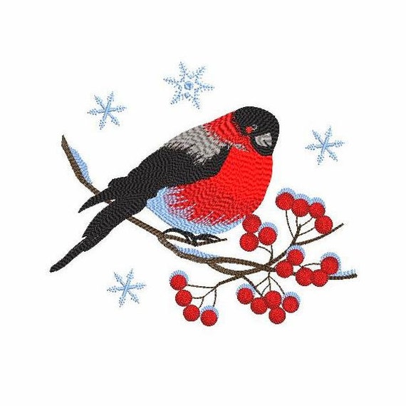 Bullfinch on Rowan Machine Embroidery Design 4 SIZES, Digital Machine Embroidery Red Bullfinch on Rowan Branch, Winter Bullfinch Embroidery.