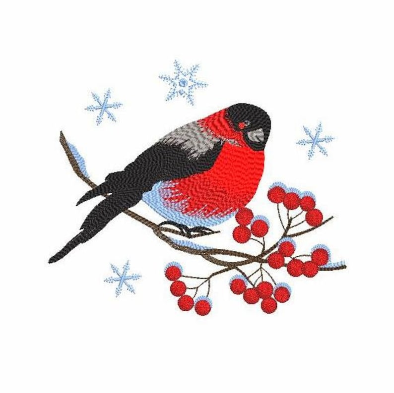 Pu&ograve; includere: Ricamo di un pettirosso con il petto rosso appollaiato su un ramo con bacche rosse e fiocchi di neve. L'uccello ha ali nere e una testa grigia.