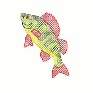 以下が含まれることがあります： 赤色のヒレを持つ緑と黄色の魚がクロスステッチで刺繍されています