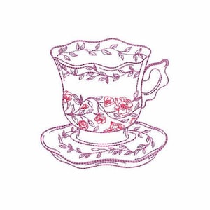 May include: A line drawing of a teacup and saucer with a floral design. The cup and saucer are outlined in purple, and the flowers are in pink.