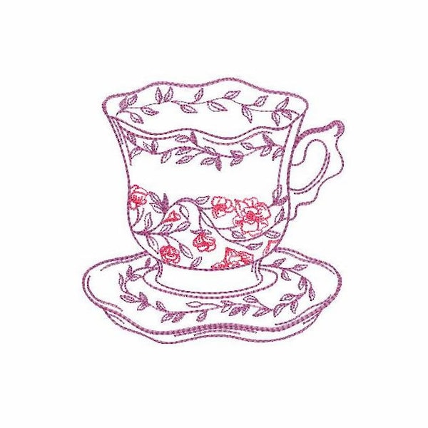 Tea Cup Machine Embroidery Design, Sketch Machine Embroidery Mug, Art Embroidery Floral Tea Cup, Easy Stitch, Instant Download Design.