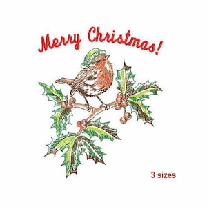 Weihnachtsvogel Maschinenstickdatei 4 SIZES, Rotkehlchen auf einem Stechpalmenzweig Digitale Stickerei, Frohe Weihnachten Maschinenstickerei.