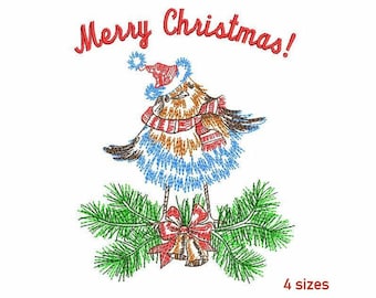 Christmas Bird Machine Embroidery Design 4 SIZES, Winter Bird on Pine Branch Digital Embroidery, Merry Christmas Machine Embroidery Design.