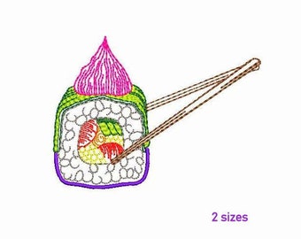 Sushi Machine Embroidery Design 2 SIZE, Cute Sushi and Chopsticks Digital Embroidery, Sushi Roll Oriental Food Machine Embroidery Design.