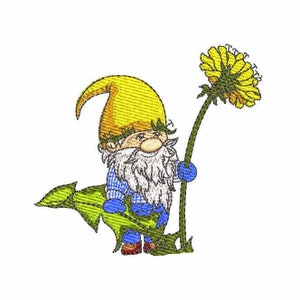 Gnome with Dandelion Machine Embroidery Design 4 SIZES, Flower Gnome Digital Embroidery, Summer Floral Gnome with Flower Embroidery File.