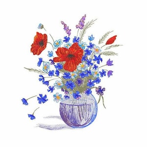花束の機械刺繍デザイン 3 サイズ、赤いポピーと野の花のデジタル刺繍ファイル、花瓶の花の刺繍デザイン