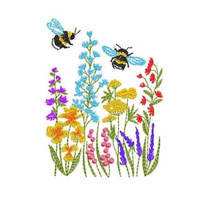 Motif de broderie Machine fleurs sauvages 4 tailles, fichier de broderie numérique fleurs des prés colorées et abeilles, fichier floral à téléchargement immédiat.