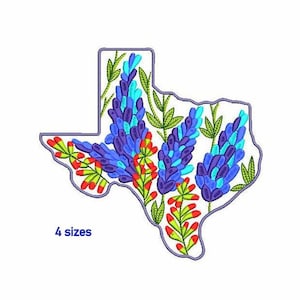 Diseño de bordado de máquina del estado de Texas 4 TALLAS, bordado de máquina digital de flores Bluebonnet, archivo de bordado digital de forma del estado de Texas.