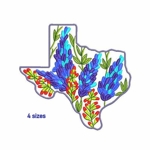 Texas State Machine borduurwerk ontwerp 4 maten, Bluebonnet bloemen digitale machine borduurwerk, Texas State vorm digitaal borduurbestand.
