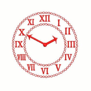 May include: A red embroidered clock design on a white background. The clock face features Roman numerals and a chain-like border. The hands of the clock are red and point to approximately 10:10.