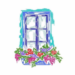 Puede incluir: Una ventana azul con una caja de flores llena de flores coloridas. La ventana tiene un marco blanco y un panel de vidrio azul. La caja de flores está hecha de madera y tiene un acabado de pintura blanca.