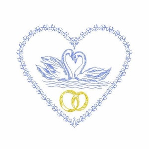 Motif de broderie Machine mariage cygnes, cygnes mariage avec coeur et anneaux broderie numérique, motif de broderie Machine oiseaux amoureux.