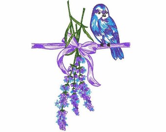 Bird and Lavender Machine Embroidery Design 5 SIZES, Bird with Purple Lavender Digital Embroidery, Lavender Bouquet Machine Embroidery File.