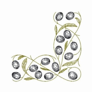 Olive Branches Corner Machine Embroidery Design - 4 SIZES, Sketch Machine Embroidery Green Black Olives  Design, Instant Download File.