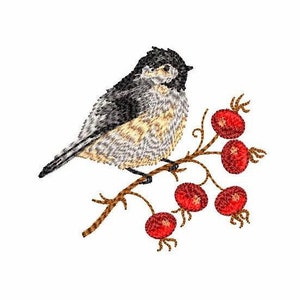 Bird on a Branch Machine Embroidery Design 4 SIZES, Cute Sparrow on a Rosehip Branch Digital Embroidery, Bird on a Berry Branch Embroidery.
