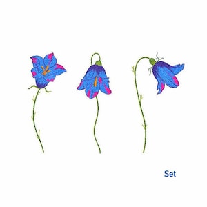 May include: Set of three blue bell flowers with pink accents, each with a green stem. The flowers are arranged in a row, with the first flower facing forward, the second flower facing slightly to the right, and the third flower facing slightly to the left. The word "Set" is written in blue text below the flowers.