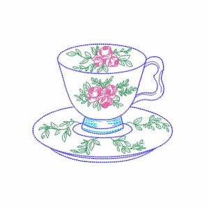 May include: Embroidered teacup and saucer set. The white teacup is decorated with pink roses and green foliage, with a blue band at the base. The saucer mirrors the design, with a blue outline and floral details.