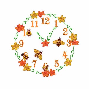 May include: A clock face with orange flowers and bees. The numbers 1 through 12 are displayed around the clock face.