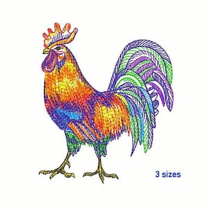 Rooster Machine Embroidery Design 3 Sizes, Colorful Rooster Digital Embroidery, Cockerel Embroidery File, Country Rooster Embroidery  File.