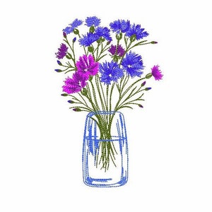 Cornflowers Machine Embroidery Design 5 SIZES, Cornflowers Bouquet Digital Machine Embroidery, Cornflowers in a Vase Machine Embroidery File