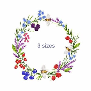 花輪の機械刺繍デザイン 3 サイズ、花枠デジタル刺繍、ベリー花輪刺繍ファイル、ベリー枠刺繍ファイル。
