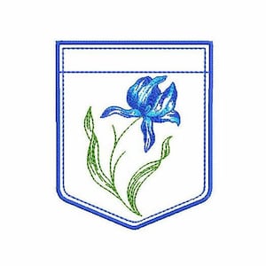 May include: Embroidered patch featuring a blue iris flower with green leaves and stems. The floral design is set against a white background within a blue bordered shield shape. Suitable for clothing or accessories.
