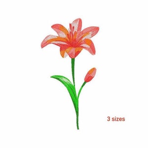 ユリの機械刺繍デザイン - 3 つのサイズ、スケッチ機械刺繍ユリの花、美しいユリがいっぱいのデザイン、すぐにダウンロードできるデザイン。