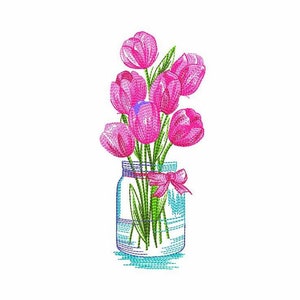 May include: A bouquet of pink tulips in a clear glass jar with a pink ribbon tied around the neck. The jar is sitting on a blue and white patterned surface.