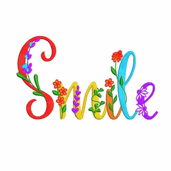 Smile Machine Embroidery Design 4 SIZES, Rainbow Smile Digital Embroidery File, Flower Inscription Embroidery File, Inspirational Embroidery