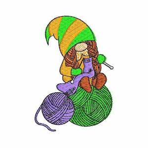 Gnome Machine Embroidery Design 4 SIZES, Gnome with Yarn Digital Embroidery, Needleworker Gnome Embroidery File, Knitting Gnome Embroidery.
