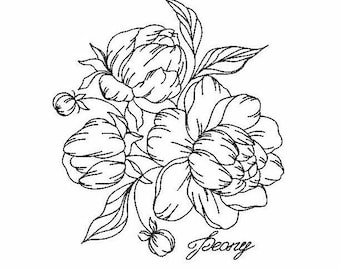 Peony Machine Embroidery Design 5 SIZES, Peony Flowers Digital Embroidery, Peonies in One Line Machine Embroidery, Peonies Embroidery File.